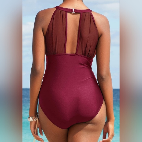 Women's Mesh V-Neck Burgundy Monokini - Picture 2 of 5